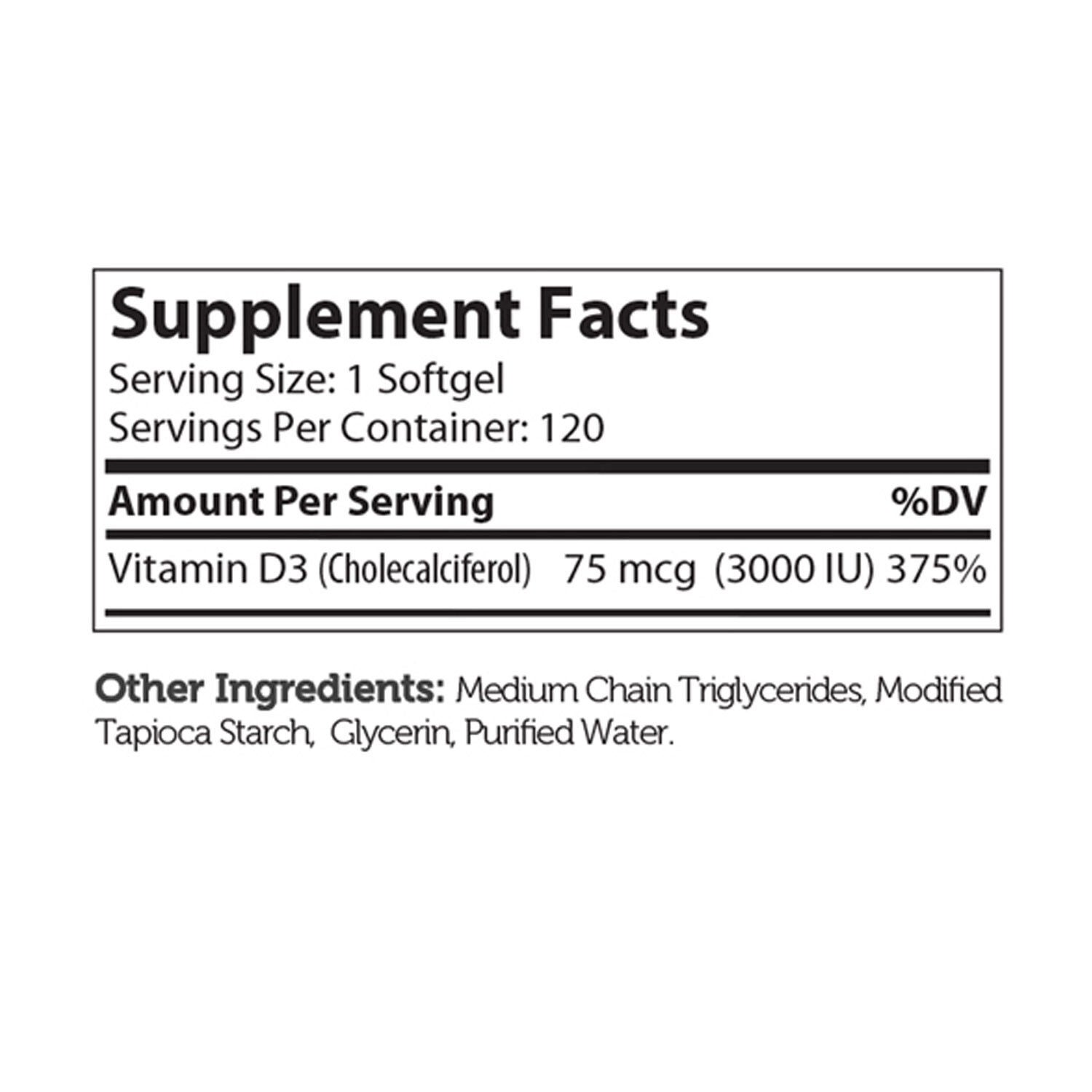 Vitamin D3 3000 IU - 120 Softgels (120 Servings)
